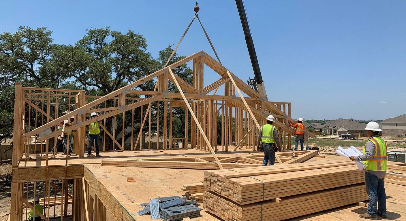 Photorealistic image of residential roof truss planning for new construction in San Antonio, showing truss delivery and staging on a construction site