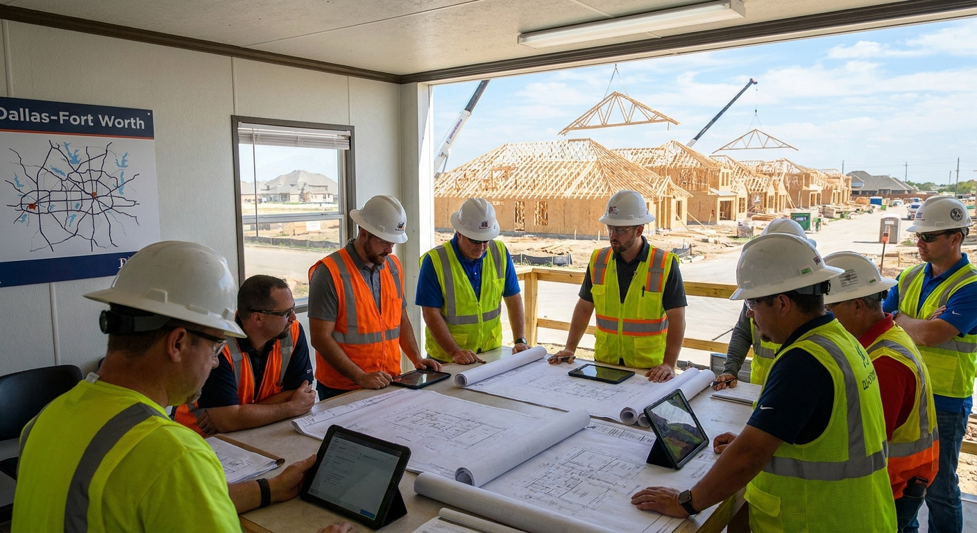 Photorealistic roof truss planning for large residential communities in Dallas-Fort Worth, showing engineered trusses being installed on multiple new homes