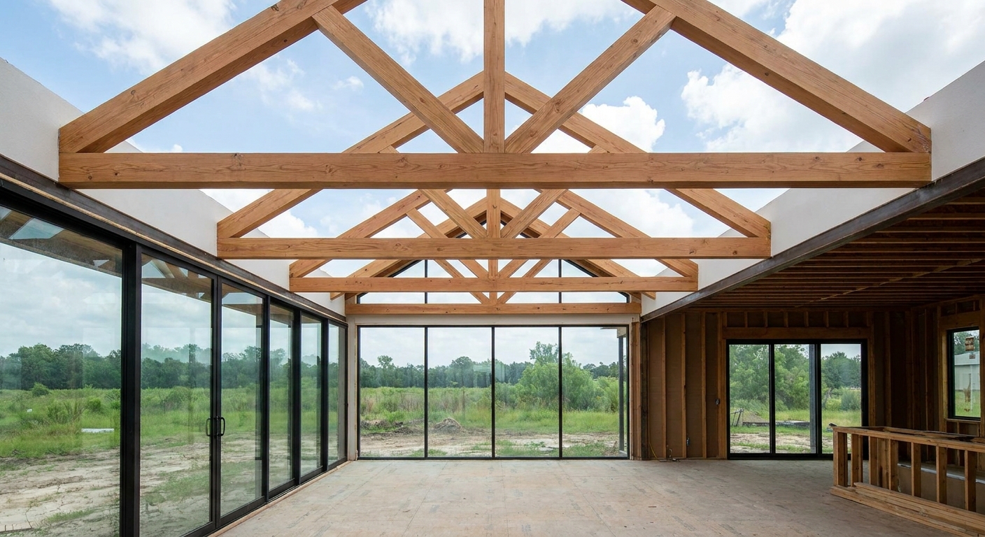 Roof trusses supporting modern home designs in Houston, enabling open layouts and contemporary architecture