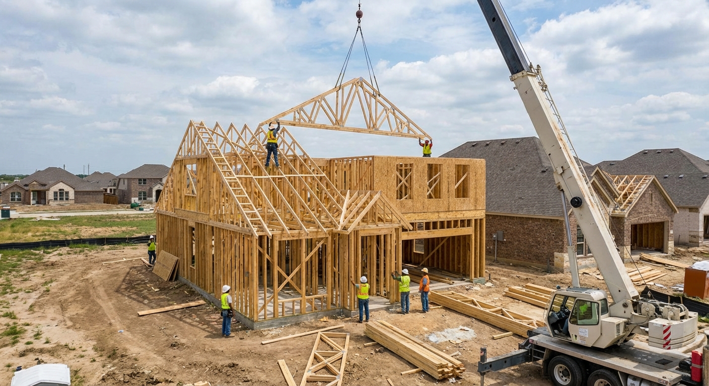 Roof trusses being installed quickly on a Dallas-Fort Worth construction site, demonstrating speed advantage over stick framing
