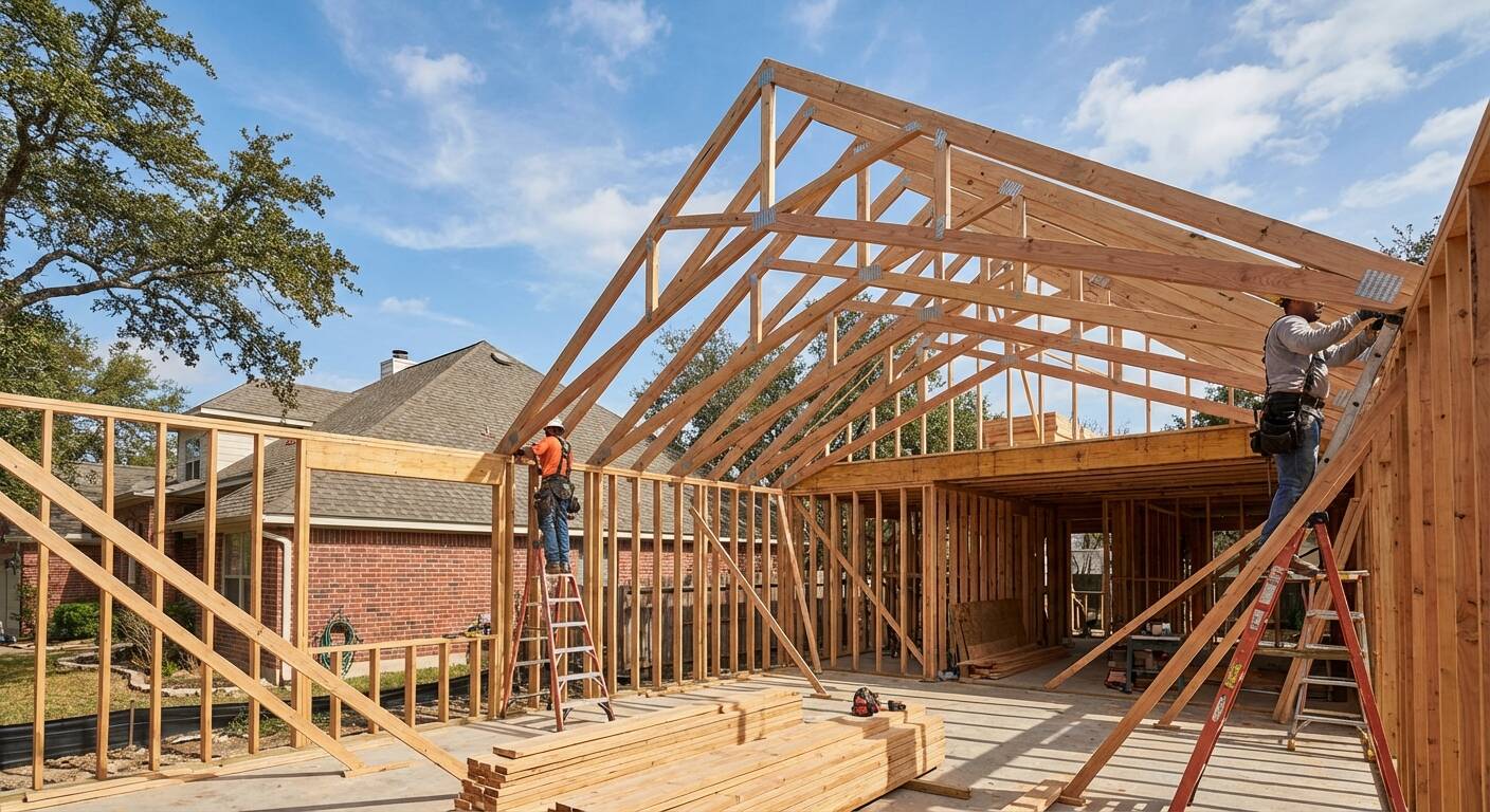 Photorealistic custom roof truss installation for Austin home addition