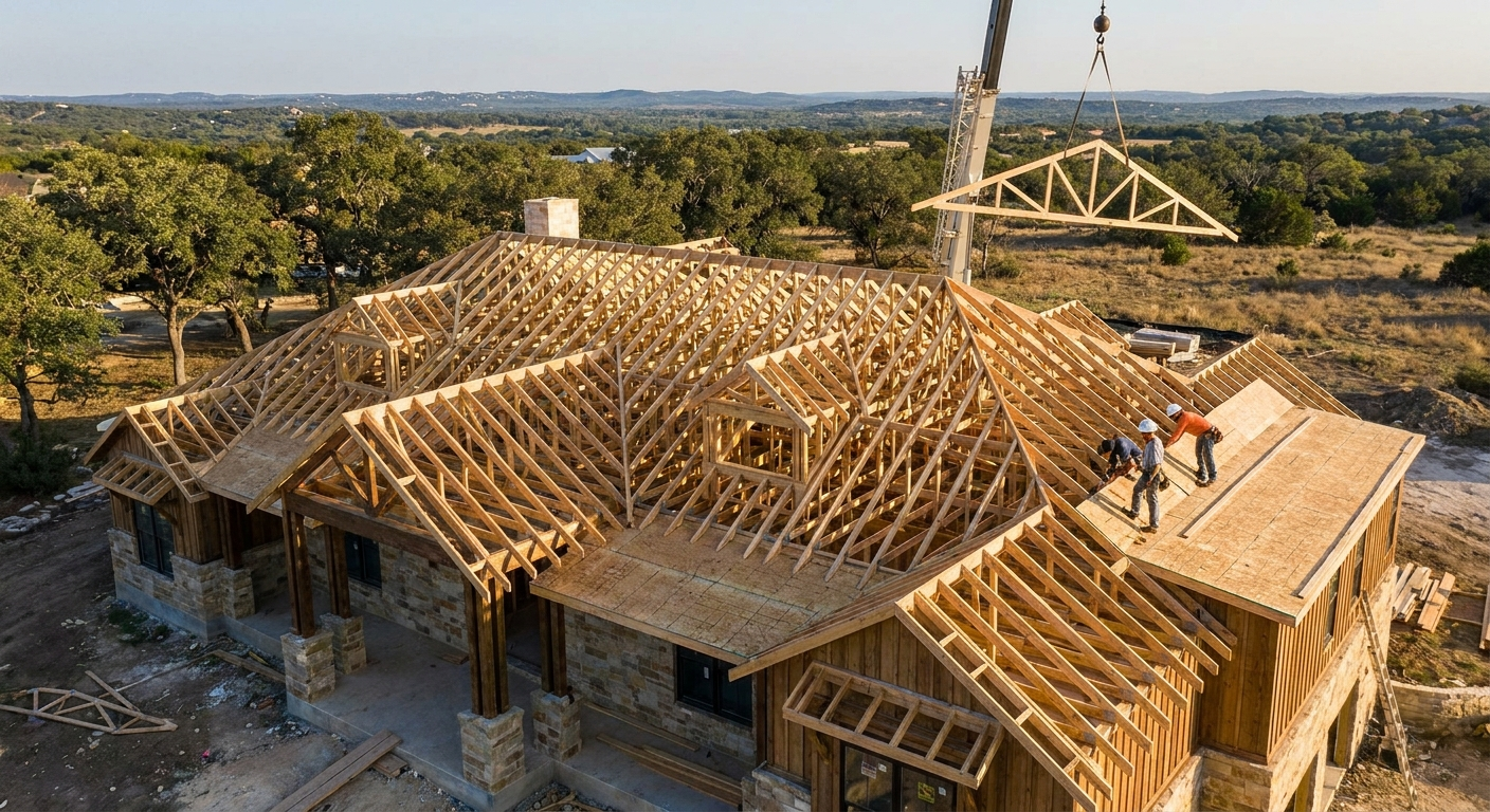 Roof truss layouts for custom homes in Austin, showing engineered truss design and installation