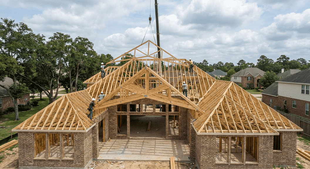 Custom roof trusses for large homes in Houston, engineered for strength and unique architectural designs